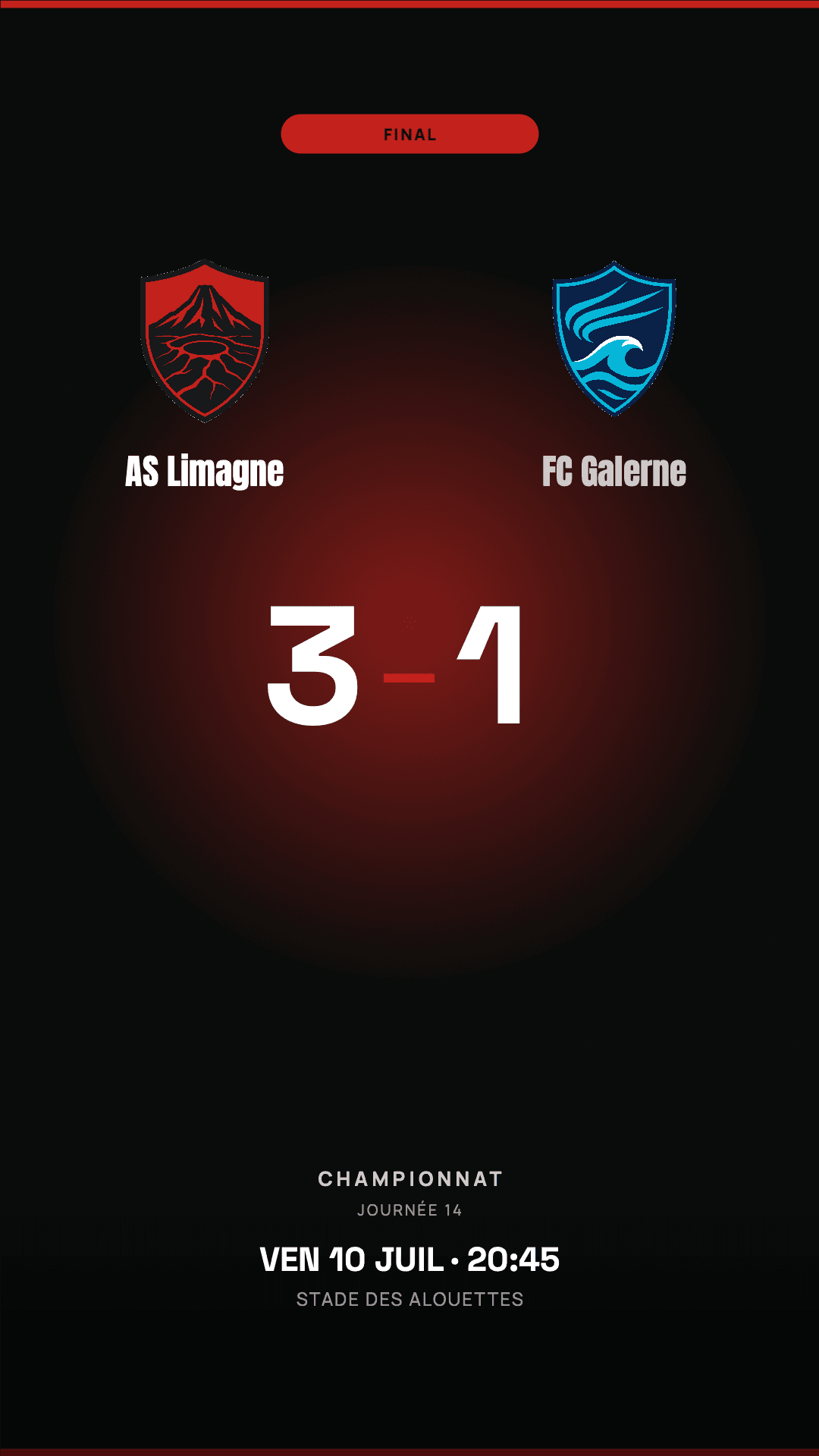 Score final 3-1 entre AS Limagne et FC Galerne, au format story 9:16, créé avec Timline