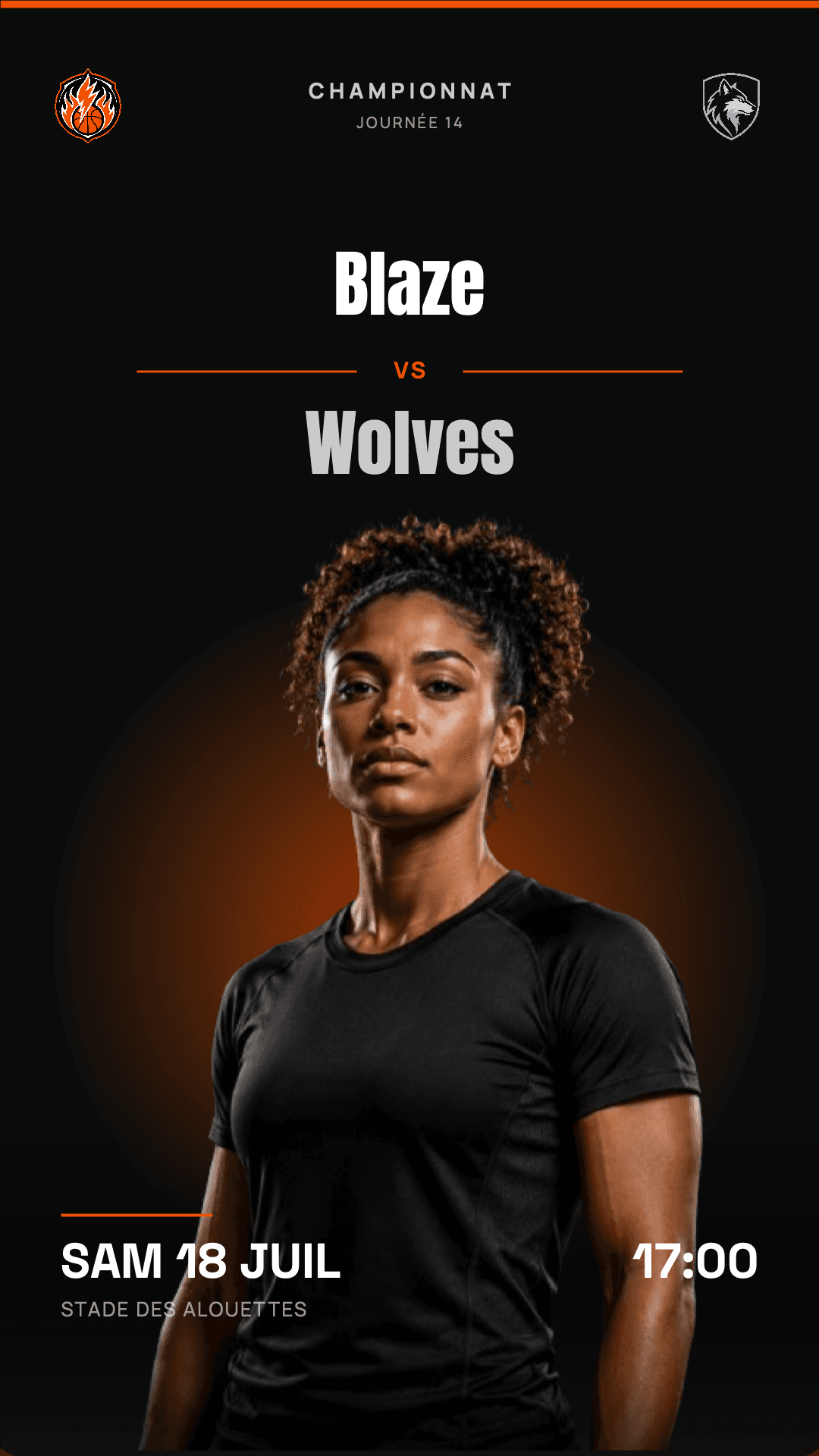 Annonce de match de basket Blaze – Wolves au format story 9:16, créée avec Timline