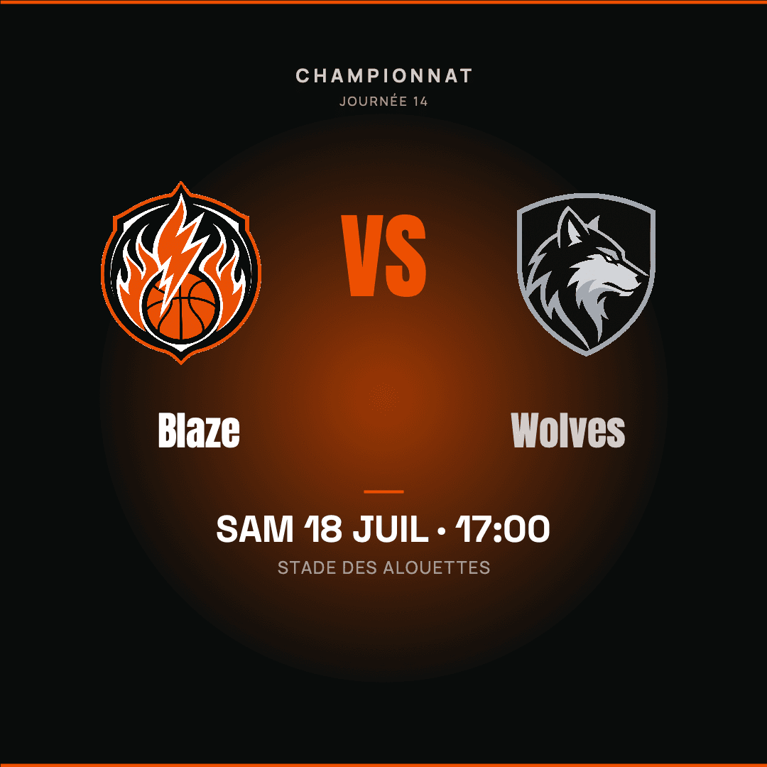 Annonce de match de basket Blaze – Wolves avec les blasons des deux clubs, au format carré, créée avec Timline
