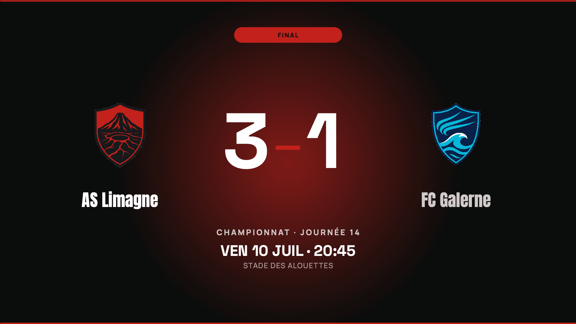Score final 3-1 entre AS Limagne et FC Galerne, au format paysage 16:9, créé avec Timline