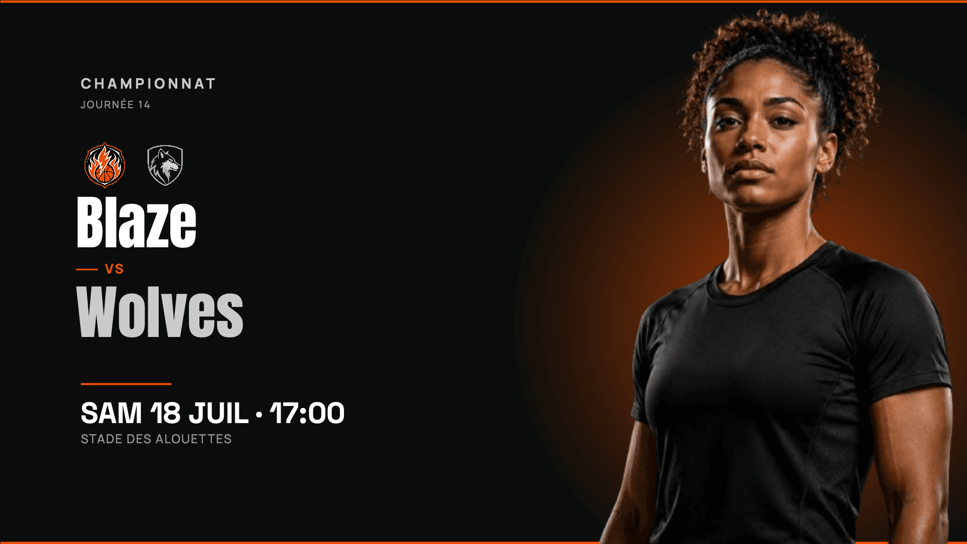 Annonce de match de basket Blaze – Wolves au format paysage 16:9, créée avec Timline