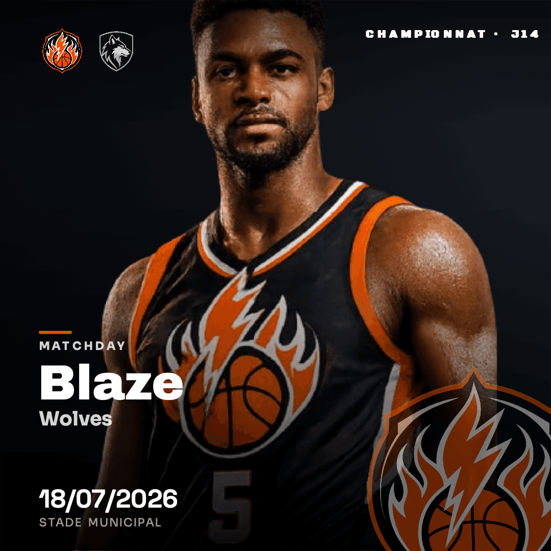 Annonce de match de basket Blaze – Wolves au format carré, créée avec Timline