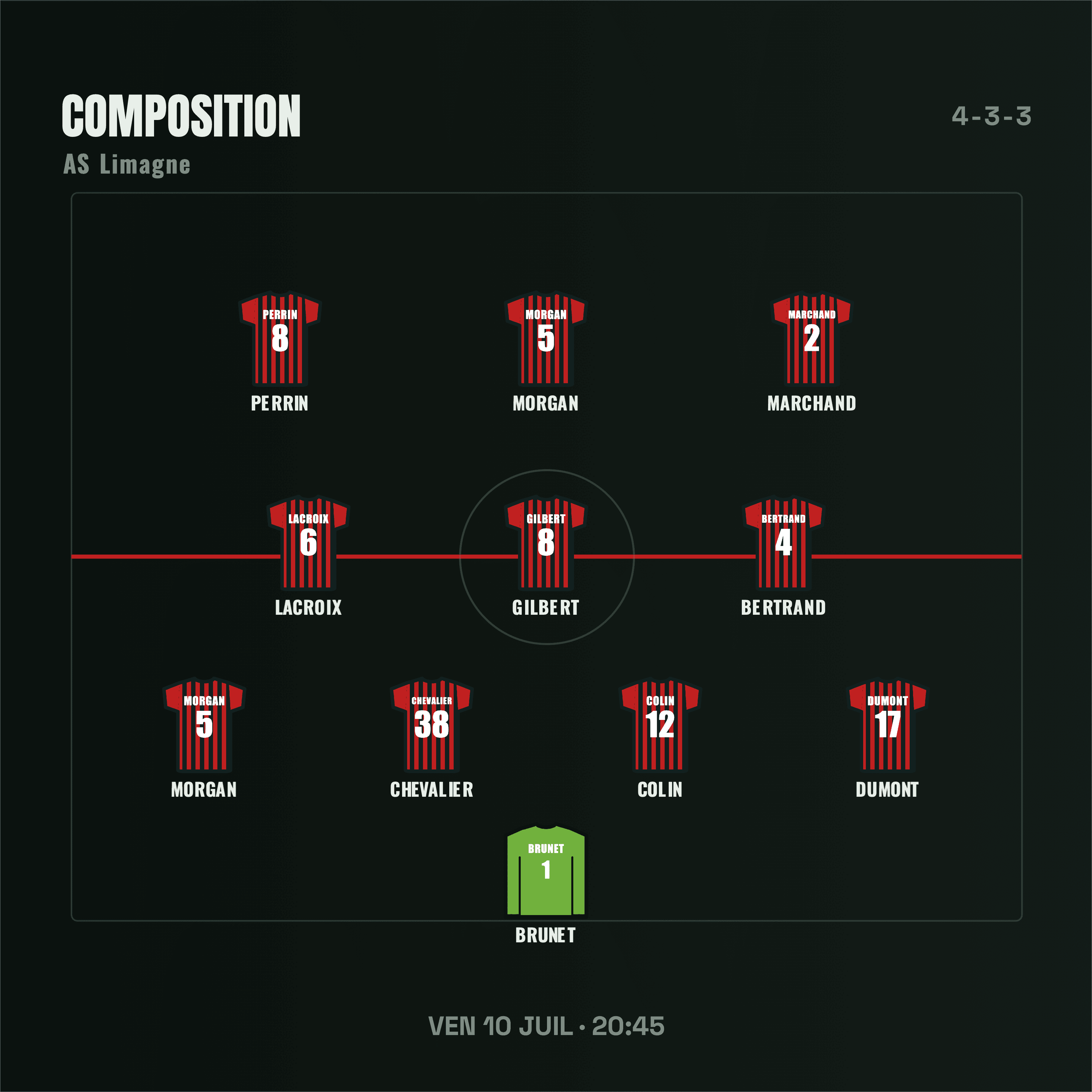 Composition de football en 4-3-3 au format carré, créée avec Timline