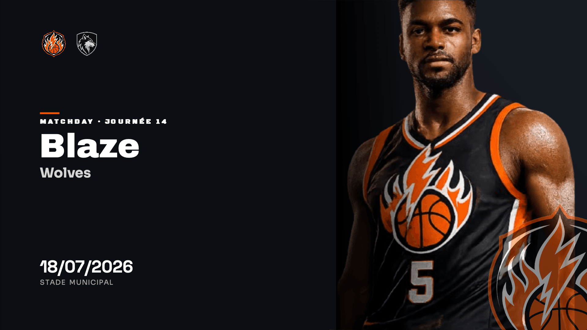 Annonce de match de basket Blaze – Wolves au format paysage 16:9, créée avec Timline