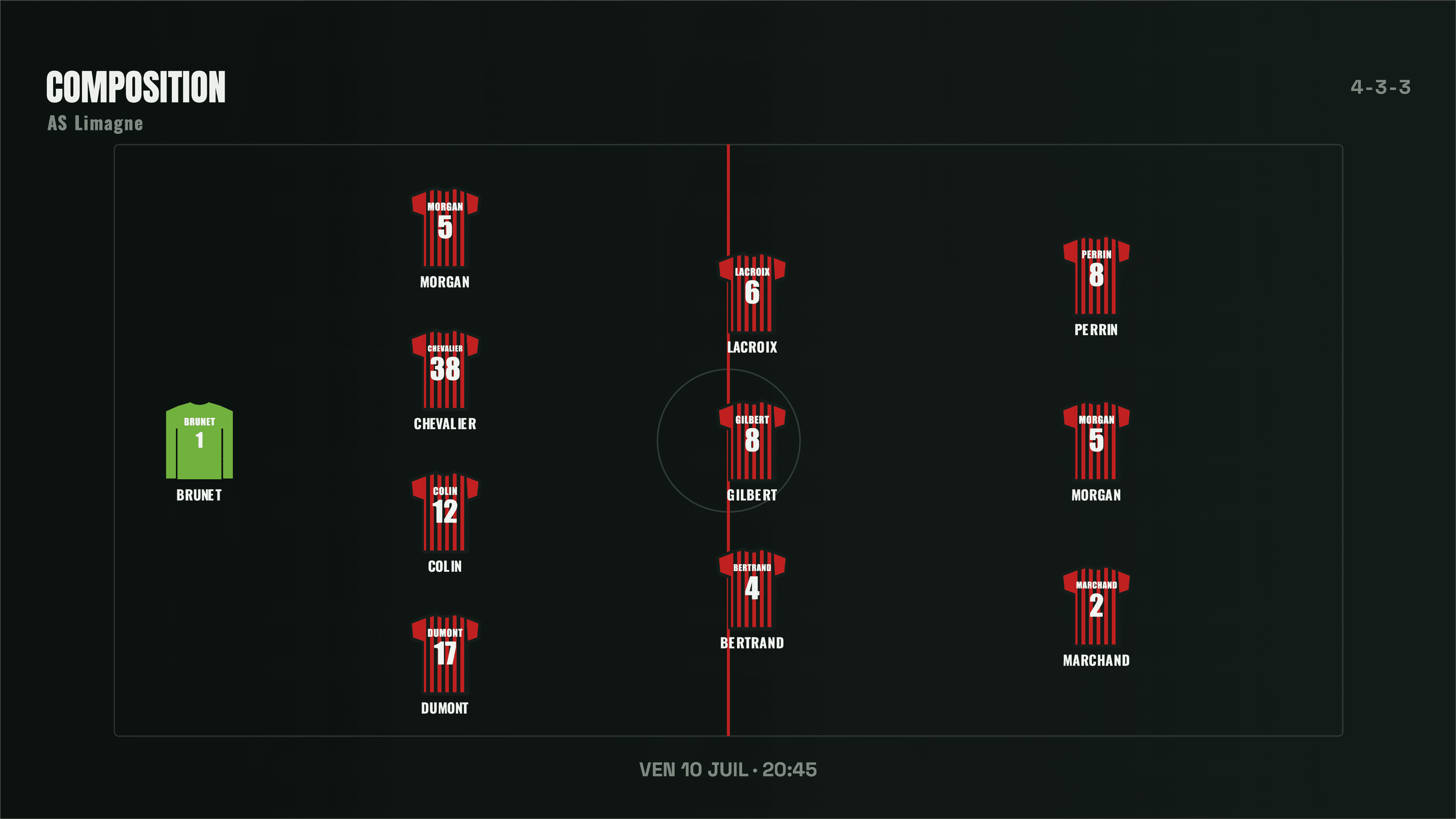 Composition de football en 4-3-3 au format paysage 16:9, créée avec Timline