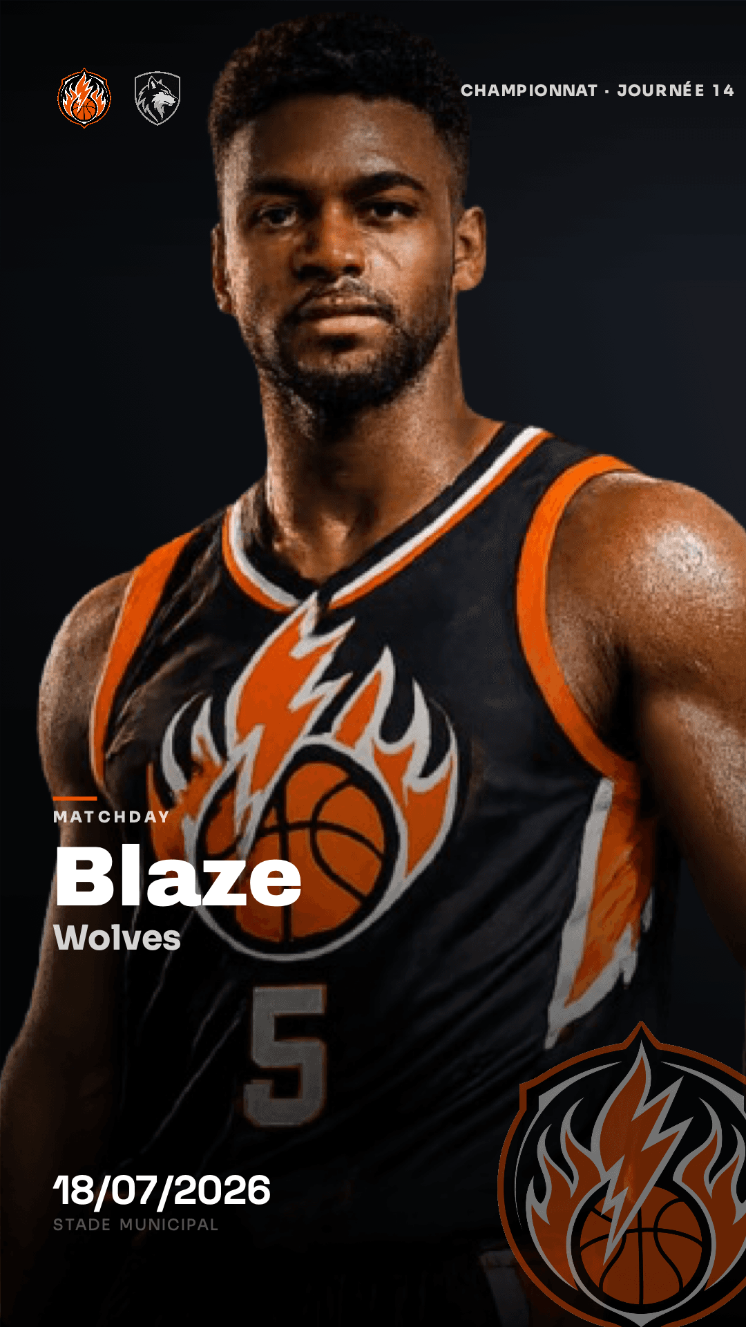 Annonce de match de basket Blaze – Wolves au format story 9:16, créée avec Timline