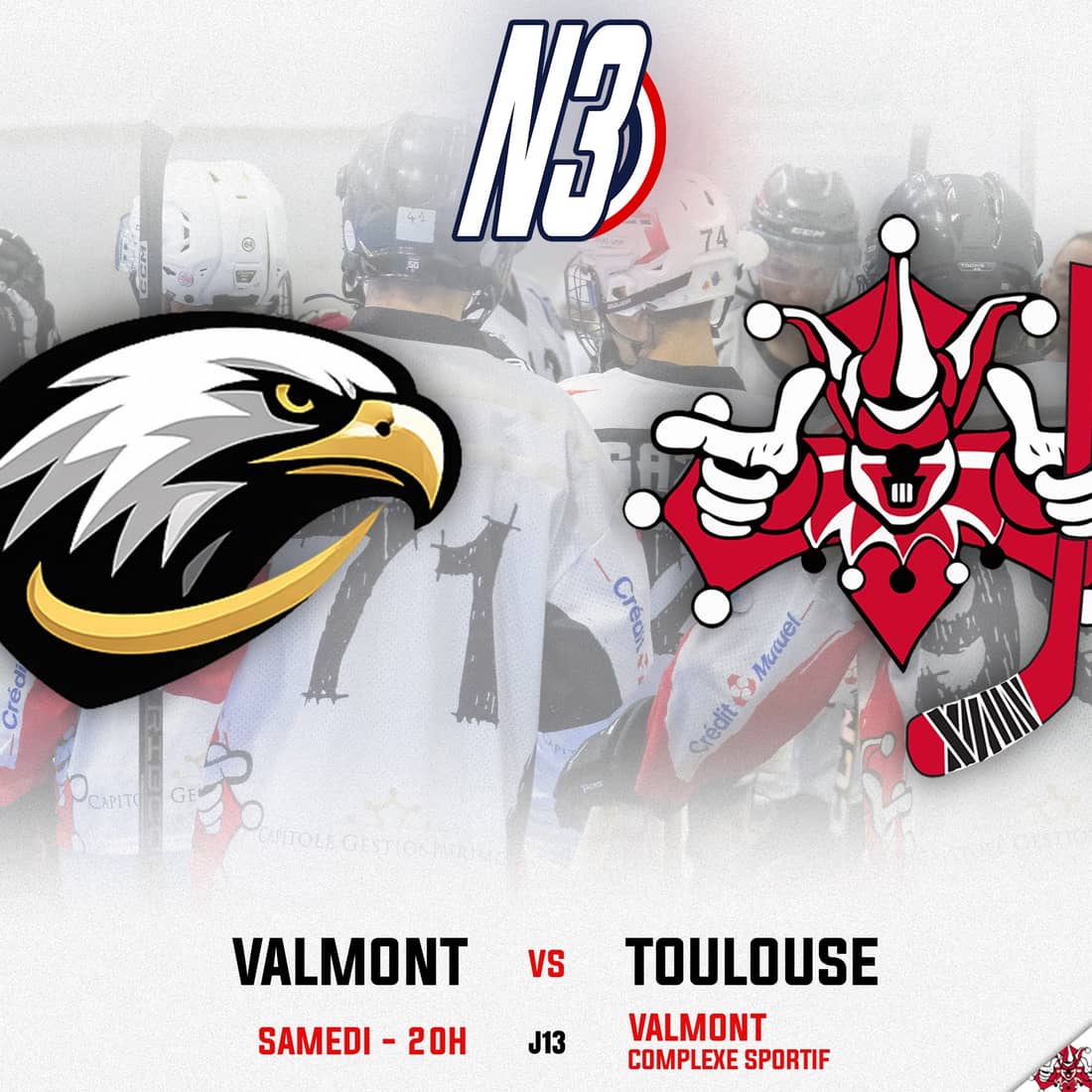 Visuel d'annonce de match créé avec Timline : Valmont vs Toulouse, N3 roller hockey