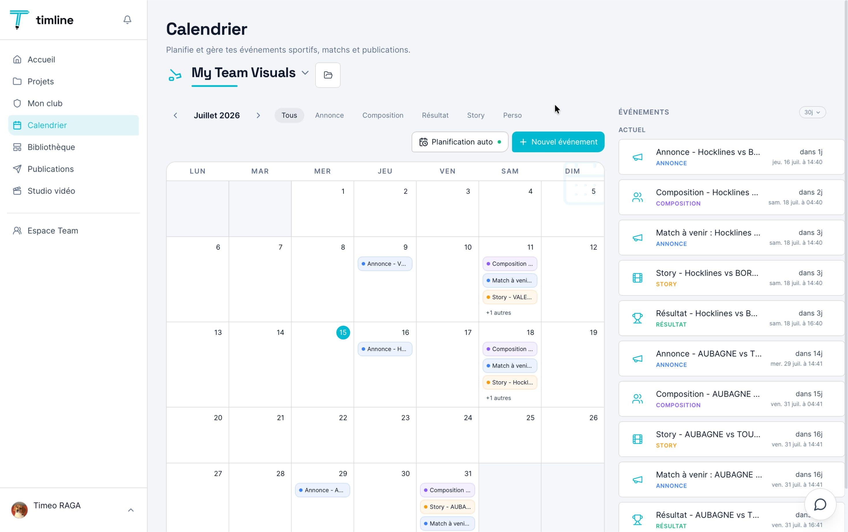 Calendrier éditorial Timline : planification des posts match sur les réseaux sociaux
