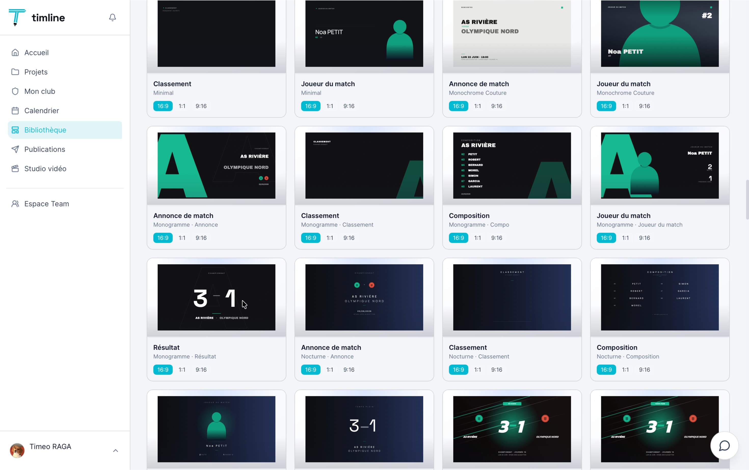 Studio Timline : bibliothèque de templates sportifs (football, basket, rugby, handball)